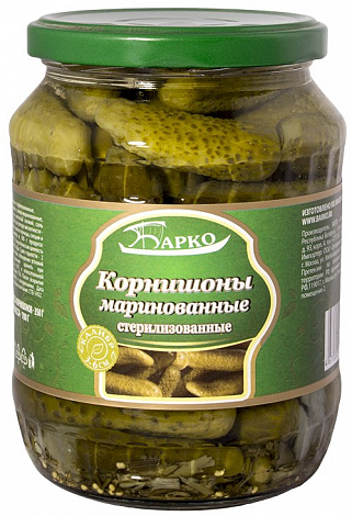 Огурцы-корнишоны маринованные БАРКО, 3–6 см, 680 г